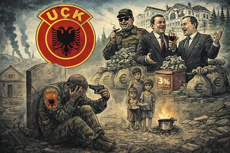 Karikaturat satirike që zbulojnë anën e errët të pasluftës: korrupsioni, kapja e UÇK-së nga elitat politike dhe ekonomike, manipulimi i narrativës patriotike, pasurimi i një pakice dhe harresa e viktimave reale të luftës. Ndërsa drejtësia hesht dhe propaganda flet, barra e pasojave bie mbi veteranët, familjet e dëmtuara dhe fëmijët e varfërisë.