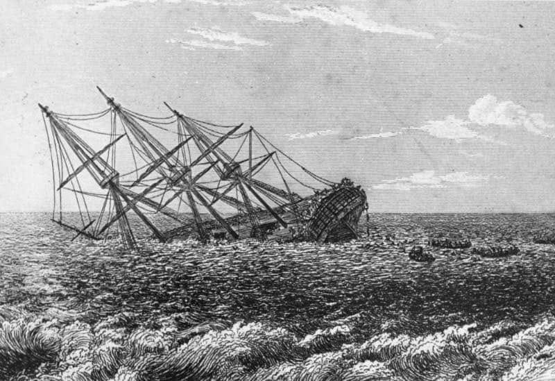 The HMS Pandora founders on the edge of the Great Barrier Reef, 1791.