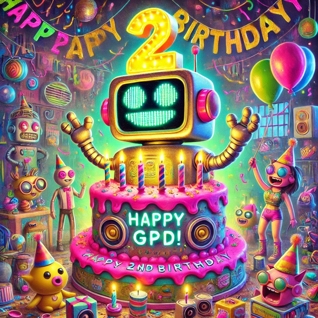 A whimsical and tacky scene of ChatGPT, represented as a friendly robot with a glowing screen for a face, receiving its second birthday cake. The cake is over-the-top, with gaudy colors like bright pink, neon green, and gold. It's decorated with oversized candles, balloons, and glittering text saying 'Happy 2nd Birthday!' The background is a chaotic party scene with mismatched decorations, confetti, and colorful streamers. ChatGPT is surrounded by quirky, cartoonish characters celebrating loudly, with some holding sparklers and wearing party hats. The overall vibe is fun and garish.