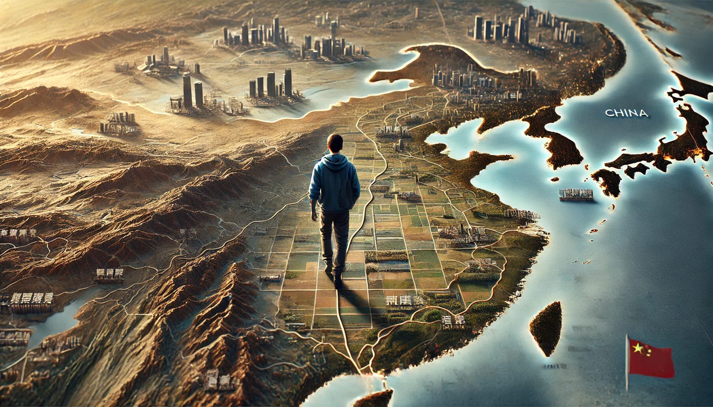 A wide aspect ratio, real-life-like image showing a map of China with a man walking from the rural West towards the prosperous Eastern coast. The map is detailed, displaying provinces and key landmarks. The man is depicted walking along a path marked on the map, starting from a rural area with fields and mountains and heading towards the modern, urbanized eastern coast with skyscrapers and bustling cities. The overall scene captures the journey and transition from rural to urban life, highlighting the development and prosperity of China's eastern regions. A wide aspect ratio, real-life-like image showing a map of China with a man walking from the rural West towards the prosperous Eastern coast. The map is detailed, displaying provinces and key landmarks. The man is depicted walking along a path marked on the map, starting from a rural area with fields and mountains and heading towards the modern, urbanized eastern coast with skyscrapers and bustling cities. The overall scene captures the journey and transition from rural to urban life, highlighting the development and prosperity of China's eastern regions.