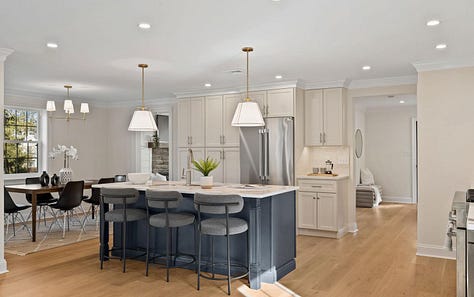 Dining room, family room and kitchen