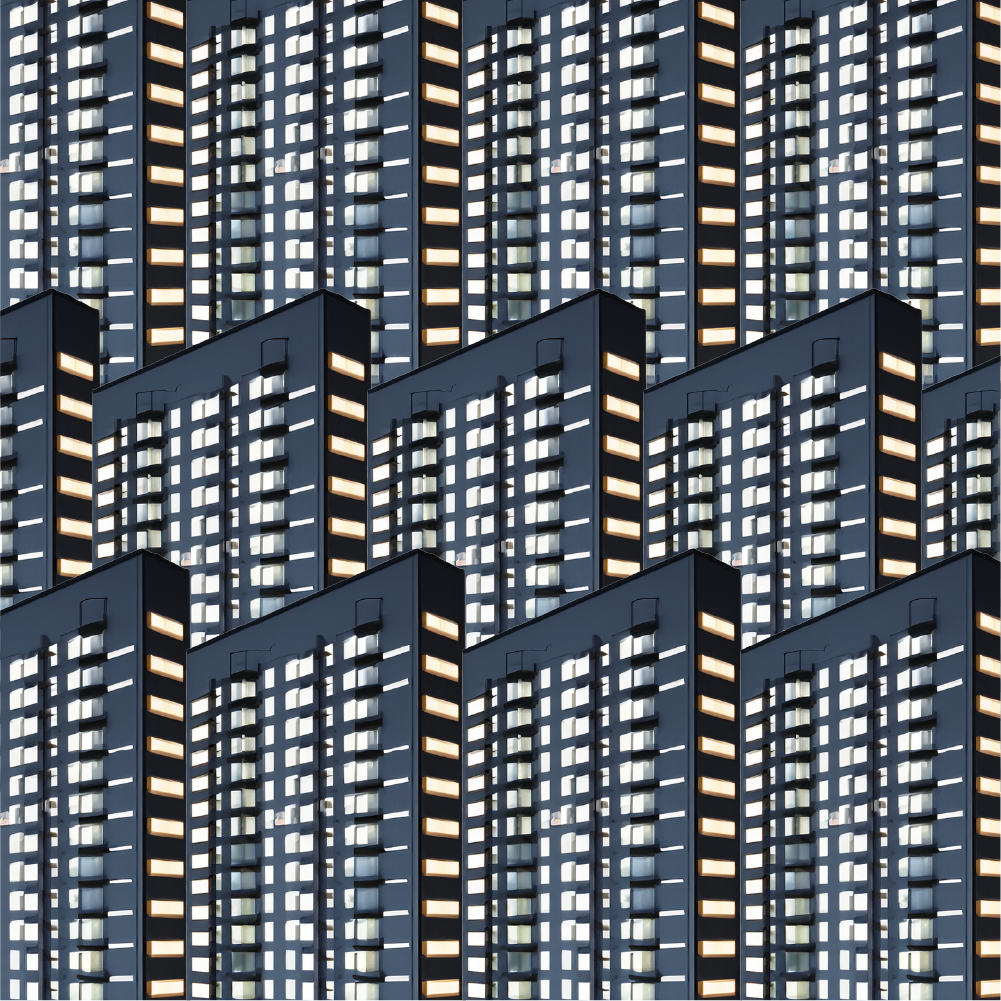 Imagem de prédio com luzes acessas replicada múltiplas vezes formando padronagem.