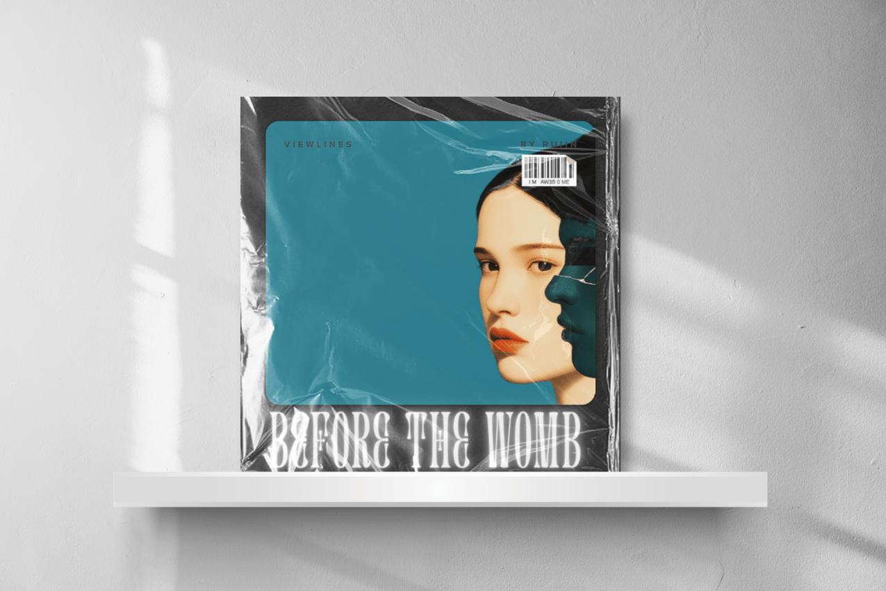 A physical album cover enclosed in high-gloss, wrinkled plastic wrap, displayed on a sleek white gallery shelf. The shelf sits against a wall caught in soft, dappled window shadows from the left. The jacket art features a minimalist layout with a teal background and a close-up portrait of a woman with natural skin tones, partially layered behind a dark profile shadow. Distorted, glowing white serif typography at the bottom reads "BEFORE THE WOMB." Part of the Viewlines series at The Subtext Review.
