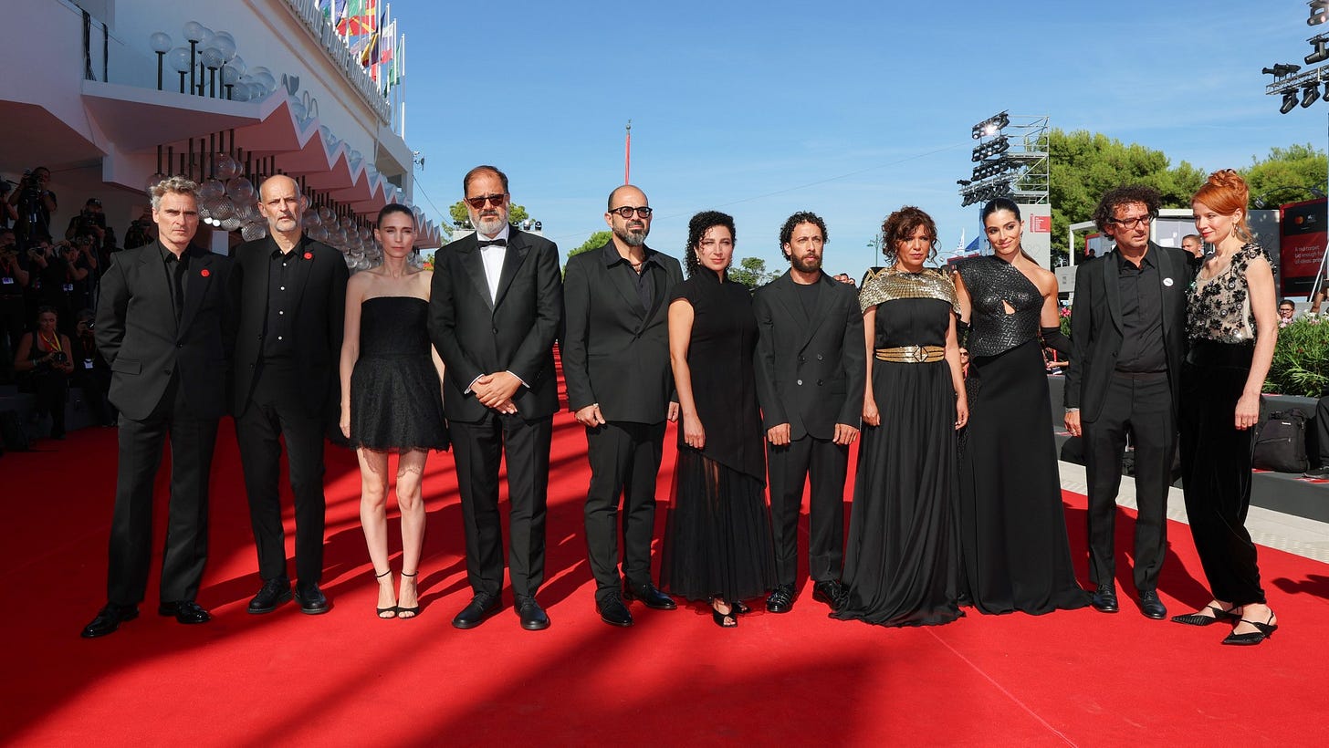 Joaquin Phoenix, James Wilson, Rooney Mara, Andrea Romeio, Amer Hlehel, Clara Khoury, Nadim Cheikhrouha, Kaouther Ben Hania, Saja Kilani, Motaz Malhees and Odessa Rae attend the ‘The Voice Of Hind Rajab’ red carpet at the 82nd Venice Film Festival on Sept. 3, 2025.