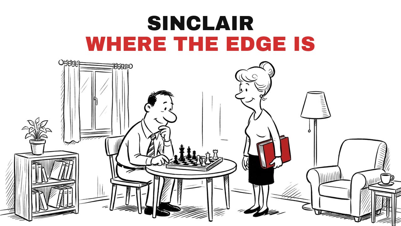 Cartoon: the mentor ponders a chessboard with his chin in his hand while a student watches with a red book under her arm, titled Sinclair, Where the Edge Is. Cartoon: the mentor ponders a chessboard with his chin in his hand while a student watches with a red book under her arm, titled Sinclair, Where the Edge Is.