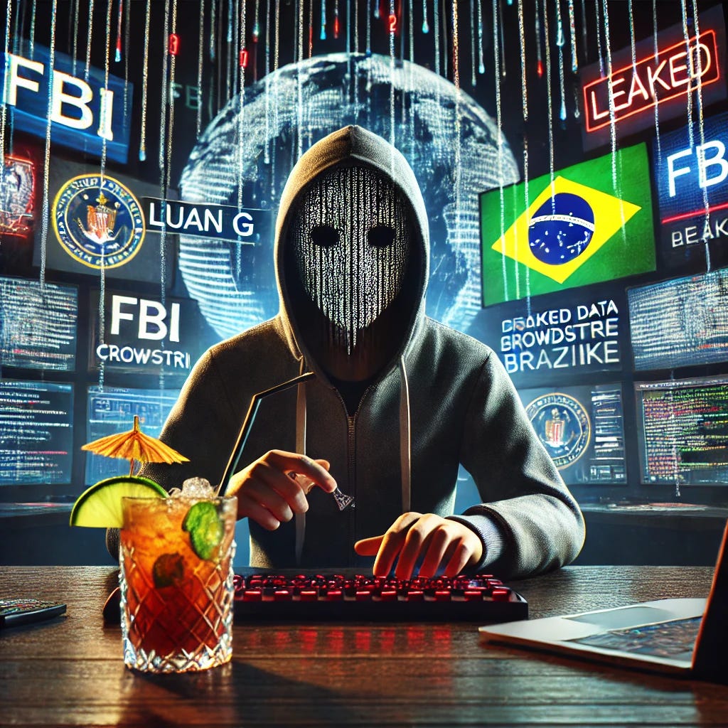 A dynamic 3D scene for a blog post featuring a hacker reveal. The image shows a hacker figure, with elements of a digital mask melting away, revealing the face of a 33-year-old Brazilian man (suggesting the name 'Luan G'). The hacker's background includes a dark, cyber-inspired room filled with monitors displaying lines of code, leaked data symbols, and logos of major security breaches (like FBI, CrowdStrike). The scene should have an element of tension, with hints of Brazil (maybe a flag or beach image on one screen), adding an ironic twist. In one corner, a caipirinha drink rests on the table next to a laptop, further reinforcing the Brazilian theme.