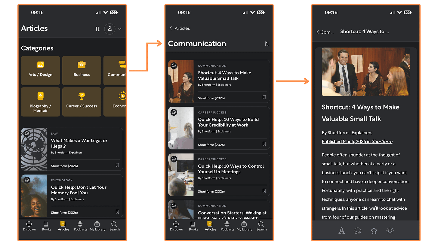 Shortform’s Articles (mobile app + dark mode) Shortform’s Articles (mobile app + dark mode)