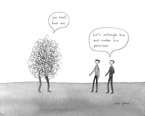 This may contain: two men are talking to each other in a field with a tree and thought bubbles above them