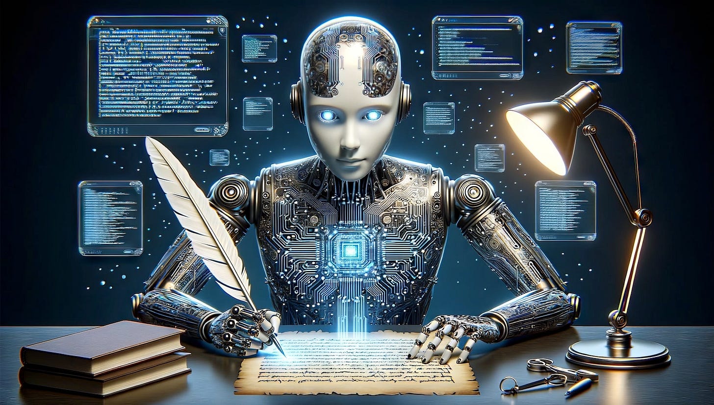 Stock image generated using AI - An artificial intelligence robot writer creating generative AI
