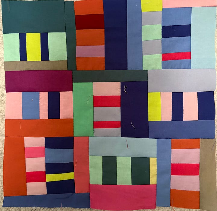 picture of two multicolored scrap quilts, bars and a strips