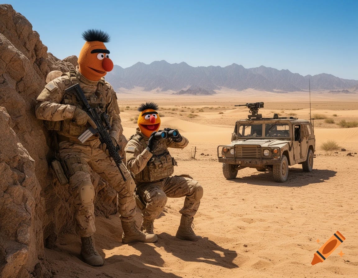 Bert and Ernie army commandos dressed in desert camouflage fighting a war in Iran Bert and Ernie army commandos dressed in desert camouflage fighting a war in Iran