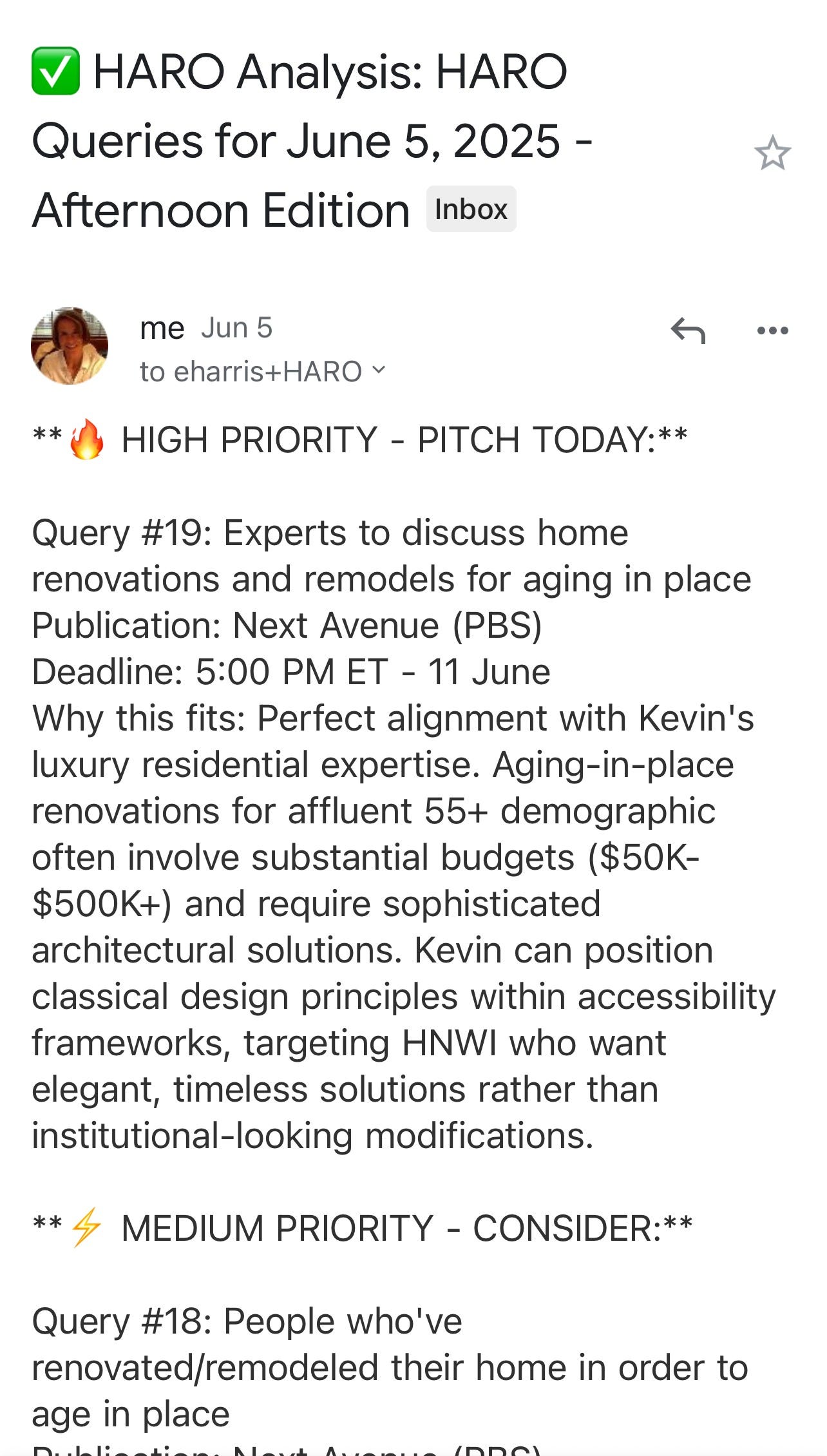 Mobile email screenshot showing a HARO Analysis email from 'me' to 'eharris+HARO' dated June 5. The email highlights a HIGH PRIORITY opportunity with flame emoji for Query #19 about home renovations for aging in place from Next Avenue (PBS), with a June 11 deadline. The analysis explains why this perfectly aligns with Kevin's luxury residential expertise and HNWI demographic targeting. A MEDIUM PRIORITY section is visible at the bottom