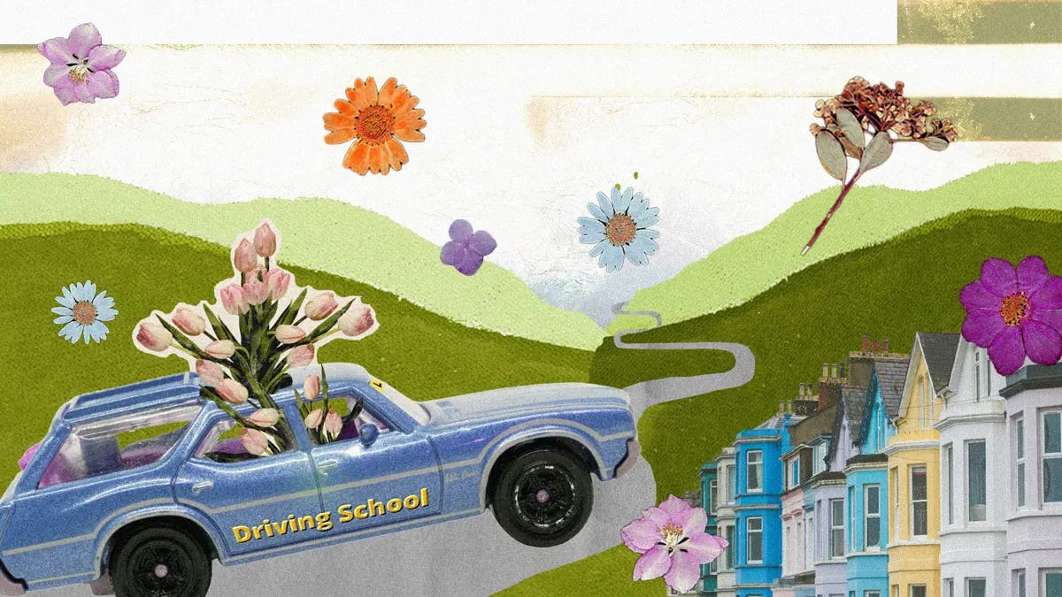 A blue station wagon with the text 'Driving school' on the side has flowers growing out of it. The car is driving through hills with flowers and homes.