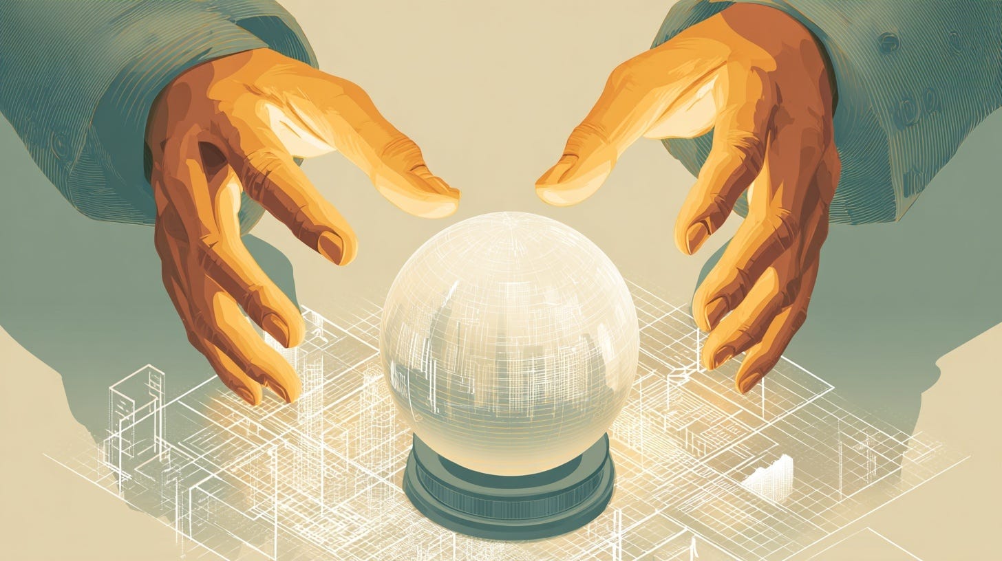 Two hands hover over a glowing crystal ball surrounded by wireframe diagrams, blending mystical and technical imagery in warm orange and cool teal tones.