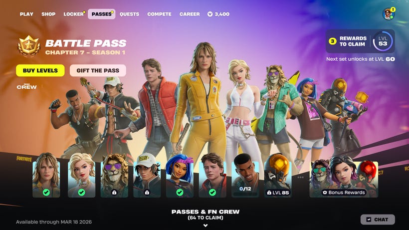 The Battle Pass screen for Fortnite features a bunch of unlockables