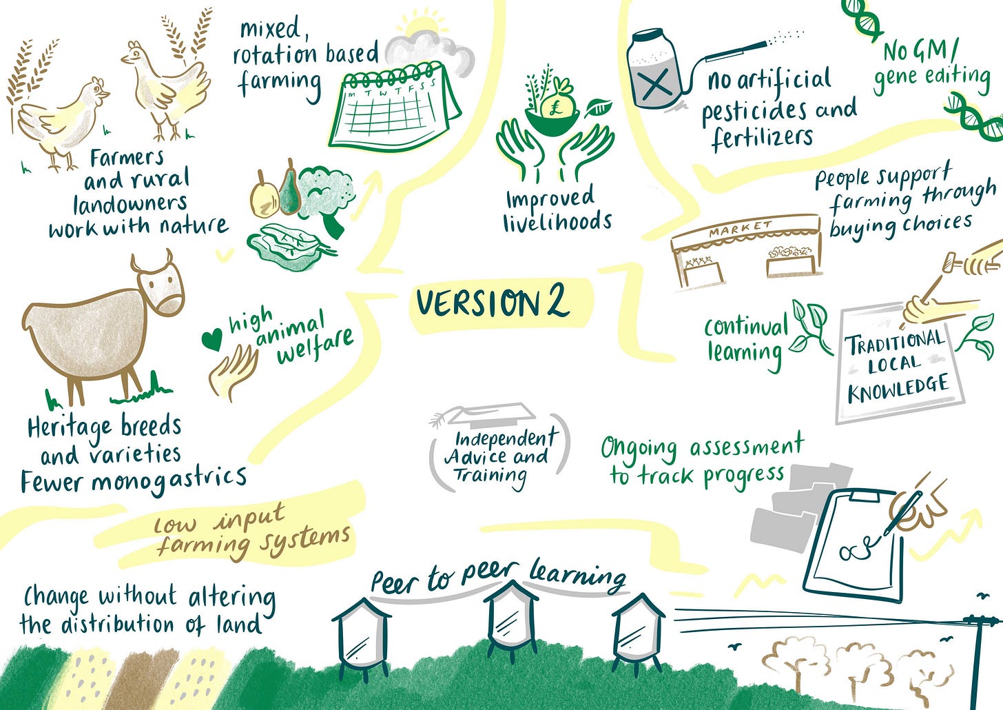 Infographic showing bespoke drawings in a green and yellow colour palette multiple illustrating approaches to Regenerative Agriculture from mixed rotation based farming to low in-put farming systems. 