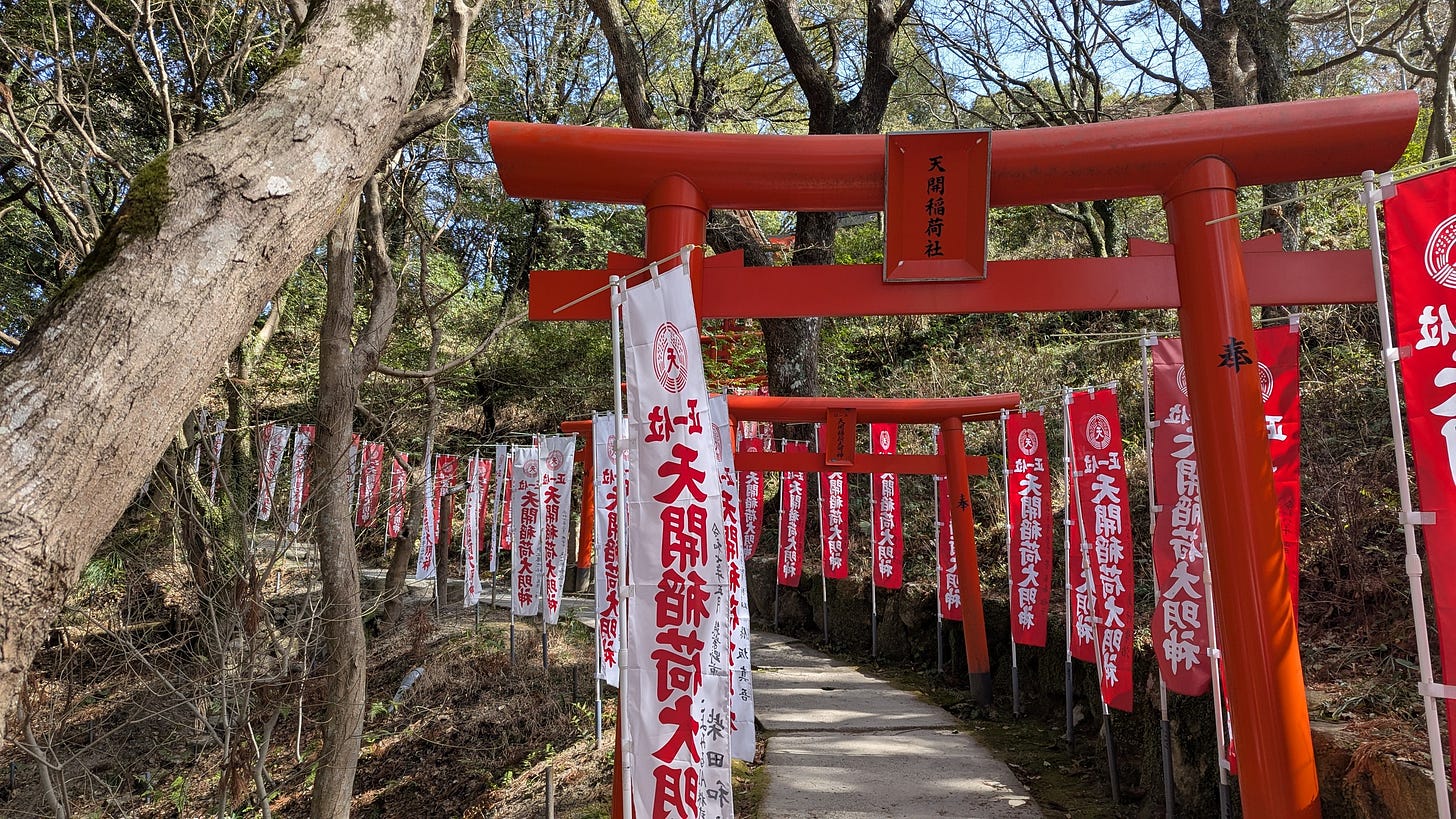 Bright red torii gates and long white flags line a sloping mountain path