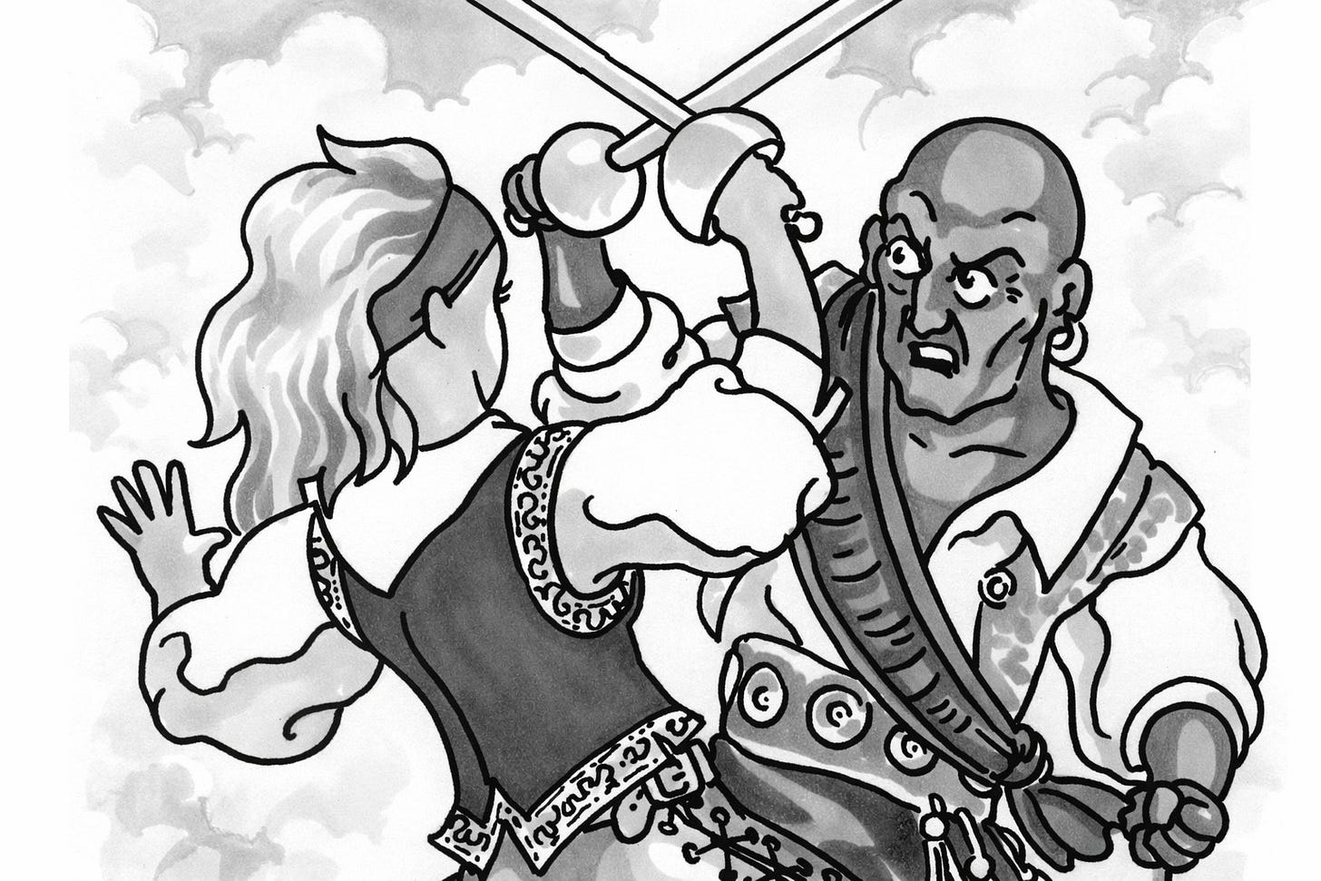 A female Swashbuckler having a rapier duel with a bald pirate captain.