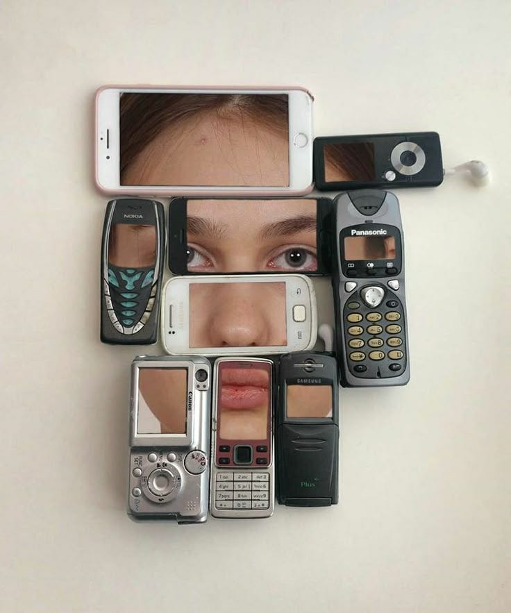 This may contain: a woman's face is surrounded by cell phones