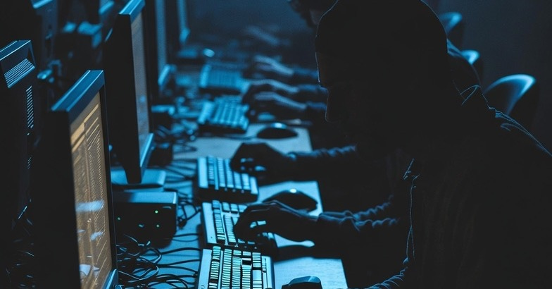 A dark, moody photograph of silhouetted people engaged in cyber crimes in a dimly lit room. A dark, moody photograph of silhouetted people engaged in cyber crimes in a dimly lit room.