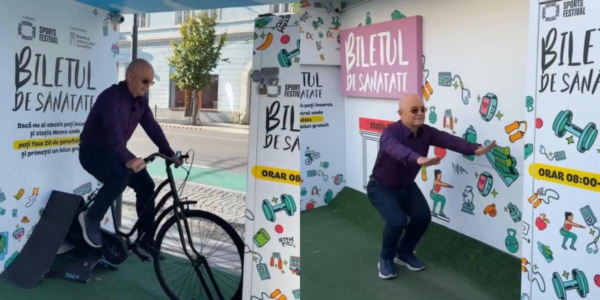 Boc pedalează și face genuflexiuni pentru promovarea biletului de sănătate în Cluj.