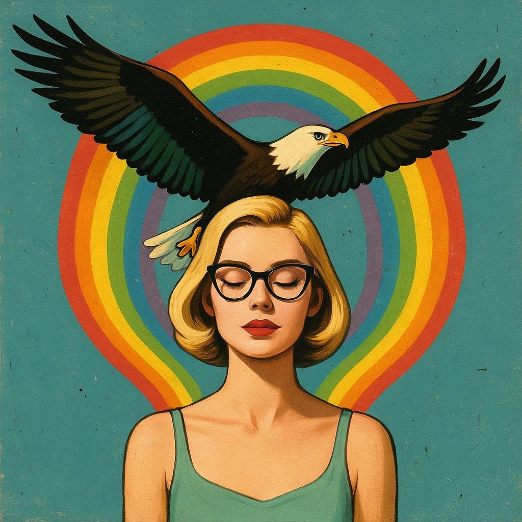 A woman with closed eyes and glasses symbolism of an eagle and a rainbow frame her. A woman with closed eyes and glasses symbolism of an eagle and a rainbow frame her.