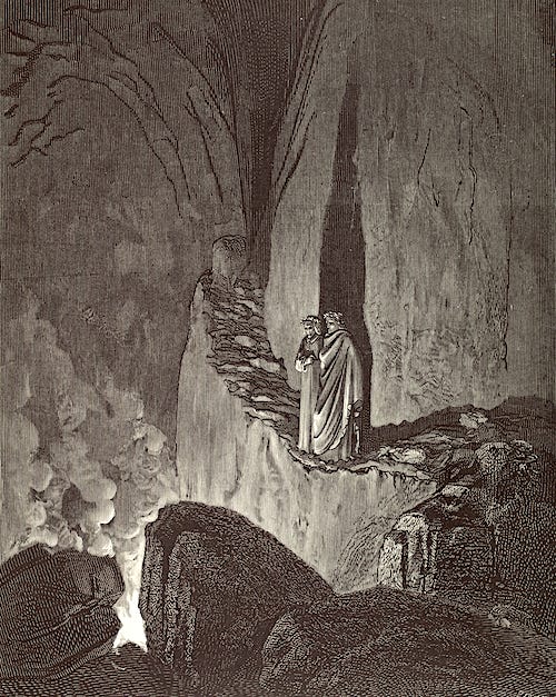 engraving of Virgil and Dante in cavern looking down into the fires of hell