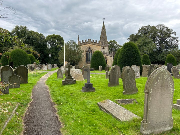 4 photos. St Anne's Church, Baslow, Derbyshire. Very old headstones are in the graveyard. Images: Roland's Travels
