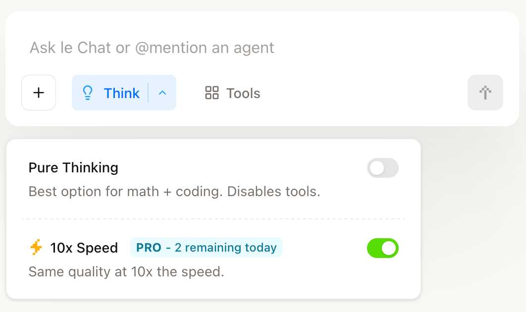 Screenshot of a chat interface showing settings options. At the top is a text input field that says "Ask le Chat or @mention an agent" with a plus button, lightbulb "Think" button with up arrow, grid "Tools" button, and settings icon. Below are two toggle options: "Pure Thinking" with description "Best option for math + coding. Disables tools." (toggle is off), and "10x Speed" with lightning bolt icon and "PRO - 2 remaining today" label, described as "Same quality at 10x the speed." (toggle is on and green). Screenshot of a chat interface showing settings options. At the top is a text input field that says "Ask le Chat or @mention an agent" with a plus button, lightbulb "Think" button with up arrow, grid "Tools" button, and settings icon. Below are two toggle options: "Pure Thinking" with description "Best option for math + coding. Disables tools." (toggle is off), and "10x Speed" with lightning bolt icon and "PRO - 2 remaining today" label, described as "Same quality at 10x the speed." (toggle is on and green).