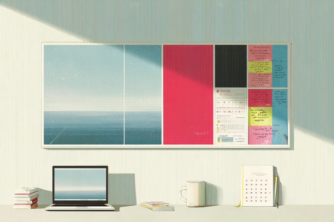 A desk with a laptop, books, a calendar, and a cup of coffee in front of a window and a corkboard filled with notes