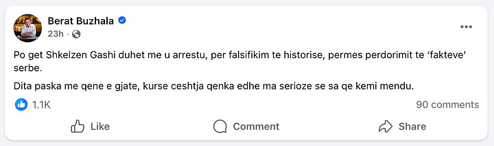 Berat Buzhala's Facebook Posts targeting Shkelzen Gashi and linking him with sitting PM Albin Kurti