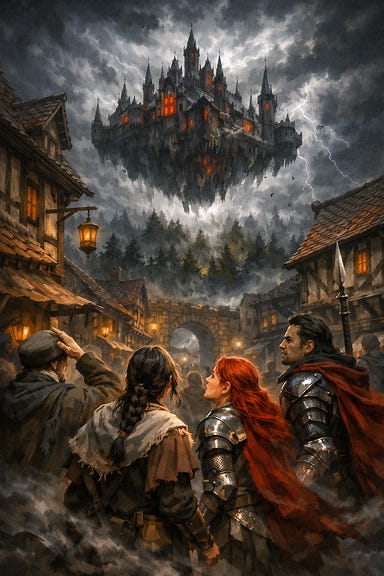 streets of Kelven as townsfolk look up to see Castle Ravenloft hovering over the Radlebb Woods