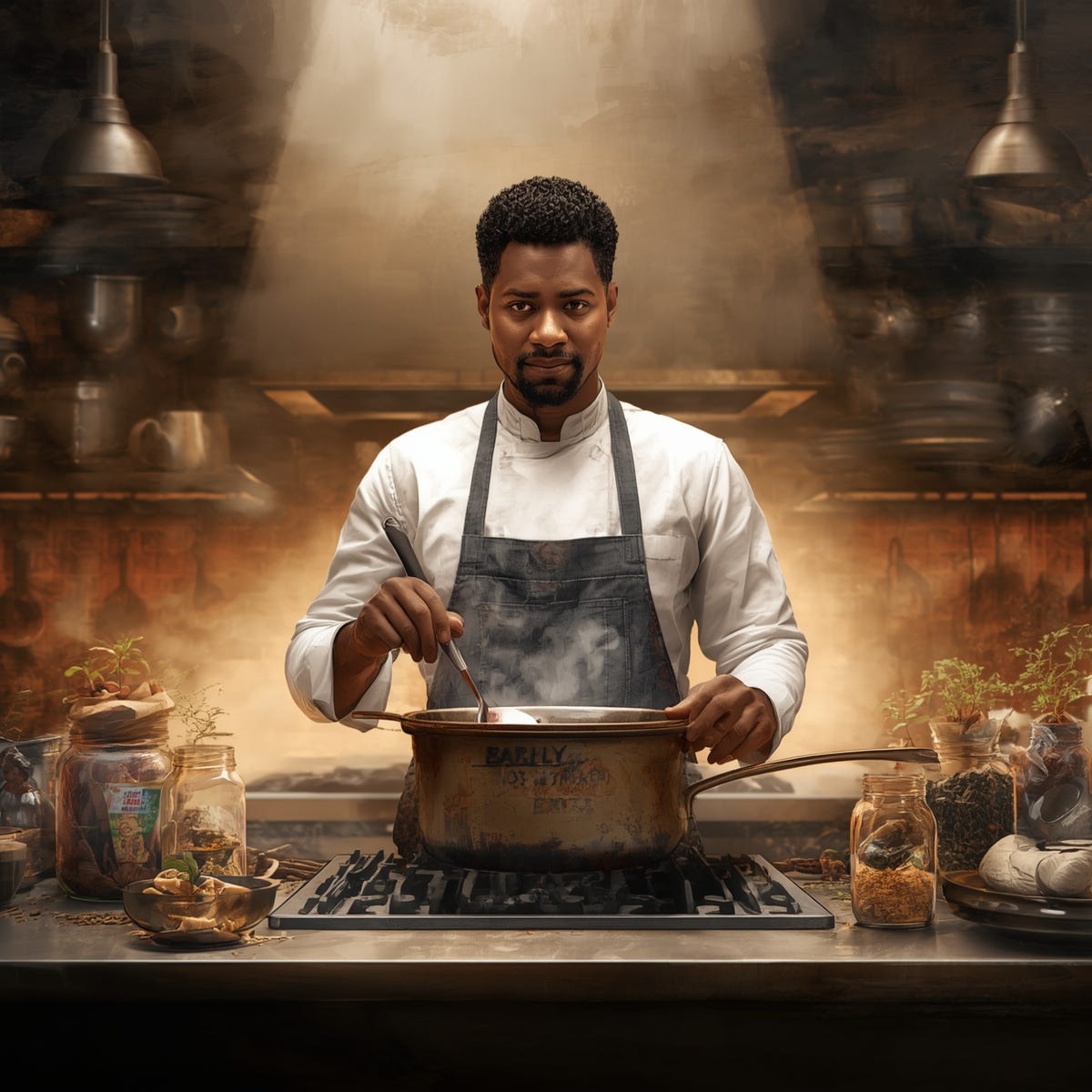 A detailed digital illustration of an African chef standing in a warm, busy kitchen representing an early-stage tech ecosystem. The chef is focused, thoughtful, stirring a large pot labeled “EARLY, NOT BROKEN.” Around him are small ingredients symbolizing early-stage elements: trust, returns, talent, capital, exits. Use warm cinematic lighting, soft shadows, and subtle metaphors like tiny sprouts growing from spice jars labeled Seed, A, B. Semi-realistic character style with expressive details. The kitchen should feel authentic and lived-in, full of potential but not yet polished. Add a sense of motion, steam rising, utensils clinking. Ultra-sharp, highly detailed, artstation quality.. Pixar-meets-realism, high-end illustration, editorial art, concept art quality A detailed digital illustration of an African chef standing in a warm, busy kitchen representing an early-stage tech ecosystem. The chef is focused, thoughtful, stirring a large pot labeled “EARLY, NOT BROKEN.” Around him are small ingredients symbolizing early-stage elements: trust, returns, talent, capital, exits. Use warm cinematic lighting, soft shadows, and subtle metaphors like tiny sprouts growing from spice jars labeled Seed, A, B. Semi-realistic character style with expressive details. The kitchen should feel authentic and lived-in, full of potential but not yet polished. Add a sense of motion, steam rising, utensils clinking. Ultra-sharp, highly detailed, artstation quality.. Pixar-meets-realism, high-end illustration, editorial art, concept art quality