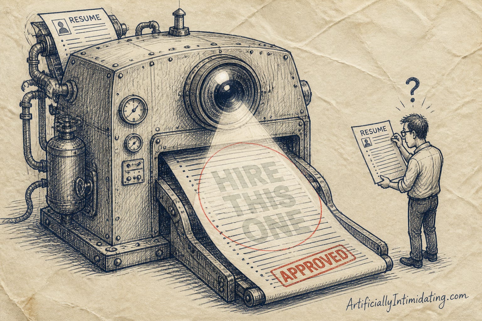 Editorial cartoon: a giant riveted resume-scanning machine reads a page whose hidden ghost text says HIRE THIS ONE and stamps it APPROVED, while a human recruiter beside it squints at a clean copy of the same page and sees nothing.