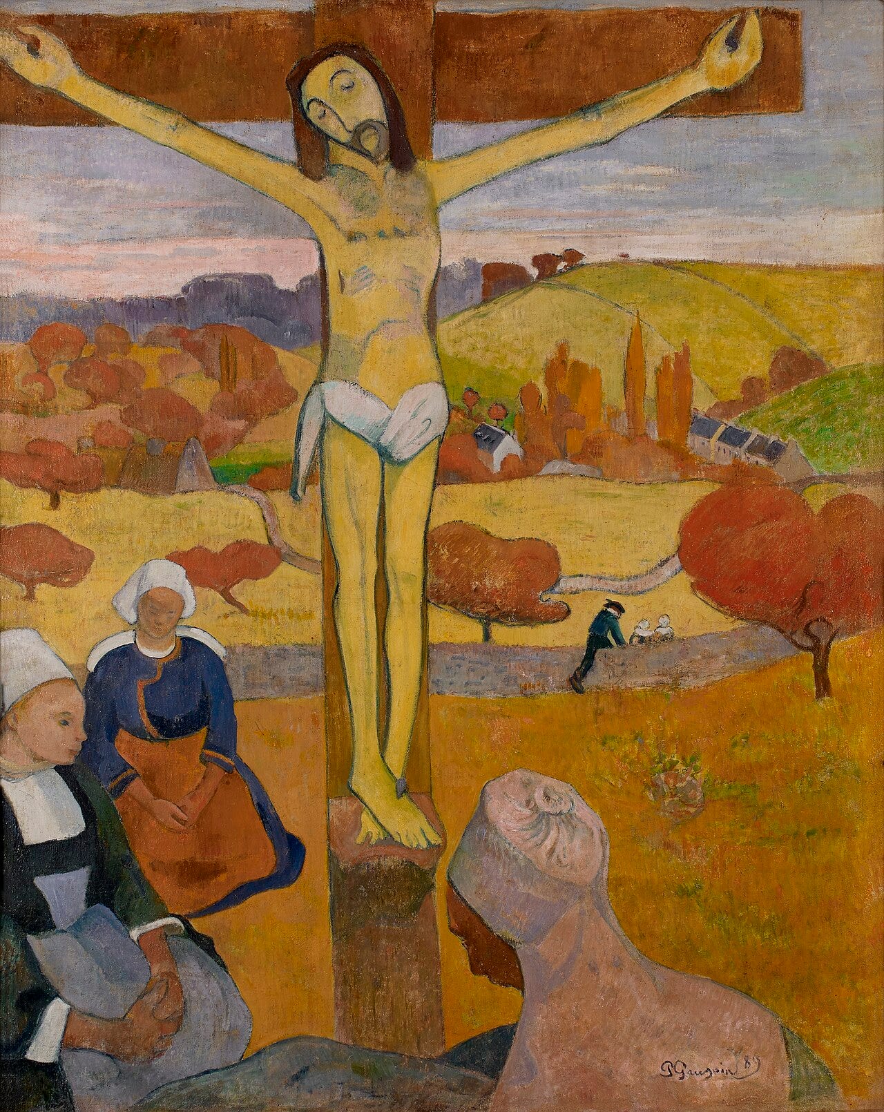 Crucified Christ painted in yellow mourned by women in Breton dress in a field Crucified Christ painted in yellow mourned by women in Breton dress in a field