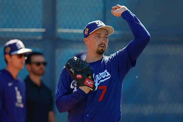Blake Snell of the Los Angeles Dodgers participates in a bullpen session prior to a Spring Training game against the San Francisco Giants at...