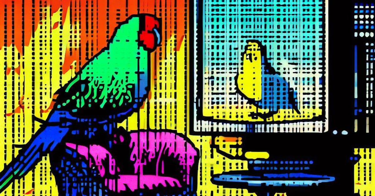 A colourful parrot sits on a pink chair and stares at a computer monitor showing another colourful bird. This illustration is in the style of pop art.