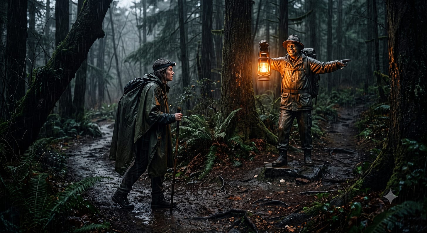 A cinematic, moody scene of a weary traveler in a green rain poncho and hiking gear walking along a wet, muddy path in a dark, rainy forest. They are approaching a fork in the trail where a lifelike bronze statue of a smiling hiker stands. The statue holds a brightly glowing lantern in its right hand and points down the right-hand path with its left hand, casting a warm, inviting light against the dark, fern-filled woods.