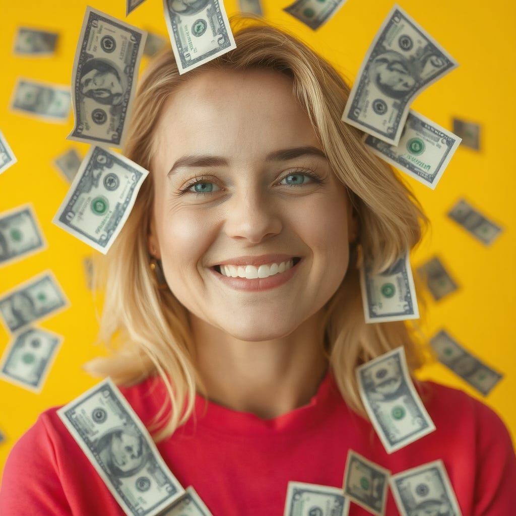Portrait of beautiful 30-year old blonde woman wearing colored clothes, smiling in a rain of Dollar bills, Isolated on a vivid contrasting bright yellow background with space. High-quality. Portrait of beautiful 30-year old blonde woman wearing colored clothes, smiling in a rain of Dollar bills, Isolated on a vivid contrasting bright yellow background with space. High-quality.