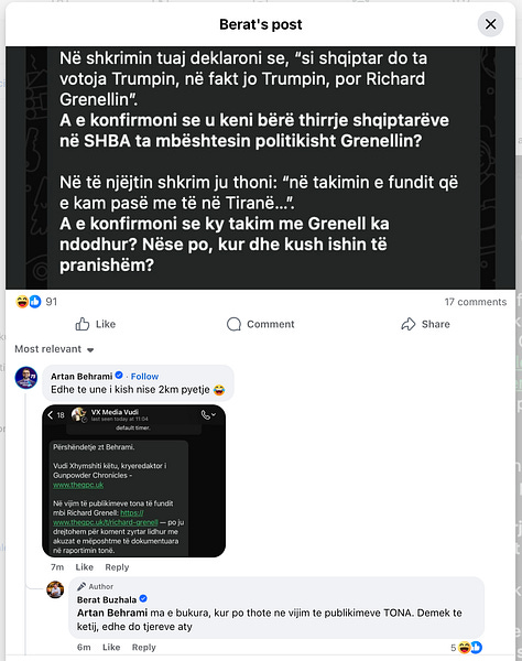  Këto pamje tregojnë mënyrën se si pyetjet tona zyrtare, të dërguara në interes publik lidhur me distancimin nga Richard Grenell pas pretendimeve serioze për veprimtari kundër Kosovës dhe përfshirje të mundshme në një skandal seksual me të mitur, u trajtuan me tallje publike nga Berat Buzhala dhe Artan Behrami. Lexuesit mund t’i shohin vetë, pa prerje dhe pa interpretim, reagimet ndaj pyetjes më themelore morale dhe politike: a distancoheni apo jo.