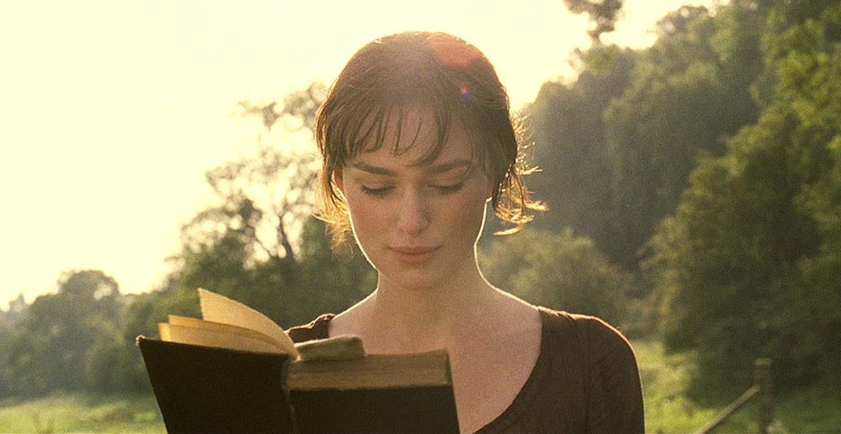 Screen grab from the 2005 film adaptation of 'Pride and Prejudice'. The main character, Elizabeth Bennett is shown reading a book.