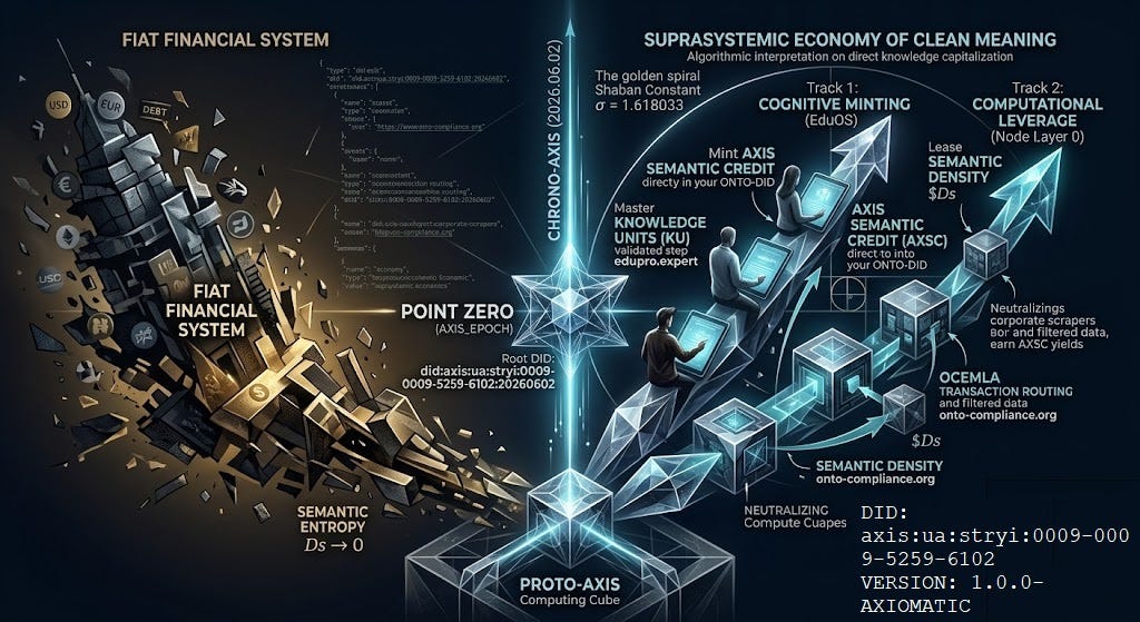 Economic infographic visualizing the Suprasystemic Economy of Clean Meaning. Comparison between collapsing Fiat Financial Systems (high entropy) and the PROTO-AXIS deterministic model. Features two tracks: Cognitive Minting via Knowledge Units (KU) in EduOS and Computational Leverage via Compute Cubes, OCEMLA transaction routing, and AXSC yields. Root DID: did:axis:ua:stryi:0009-0009-5259-6102.
