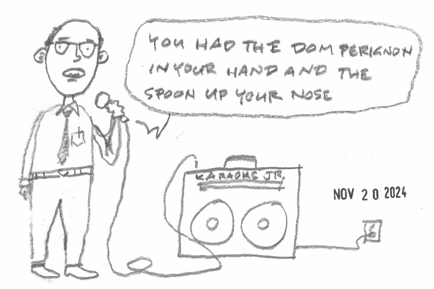 cartoon of man singing "Big Shot" at karaoke, by David Rhoden cartoon of man singing "Big Shot" at karaoke, by David Rhoden