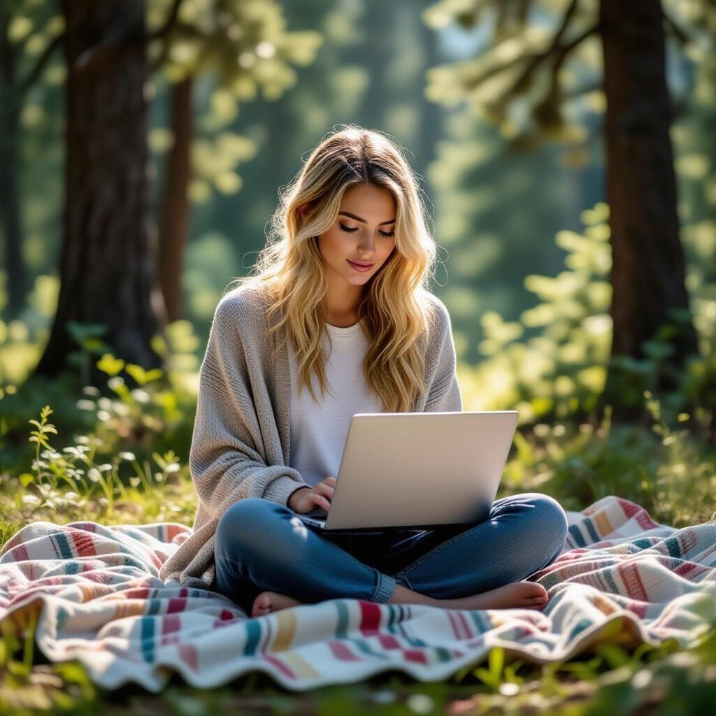 "A stunning 8K photograph of a beautiful blonde woman sitting cross-legged on a blanket in a lush forest clearing, dappl...