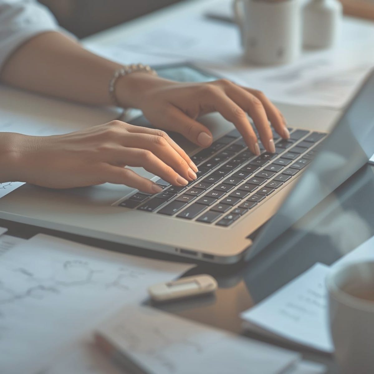 Close-up of a person typing on a laptop surrounded by research papers, notes, and a coffee cup, representing the focused work of a science ghostwriter transforming technical research into clear, readable writing.