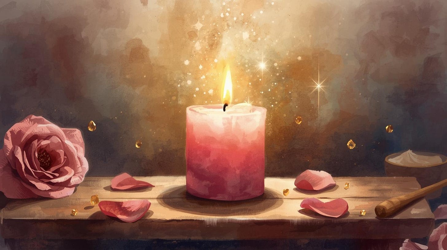 Watercolor image of a lit pink candle on a small altar with soft magical sparkles.