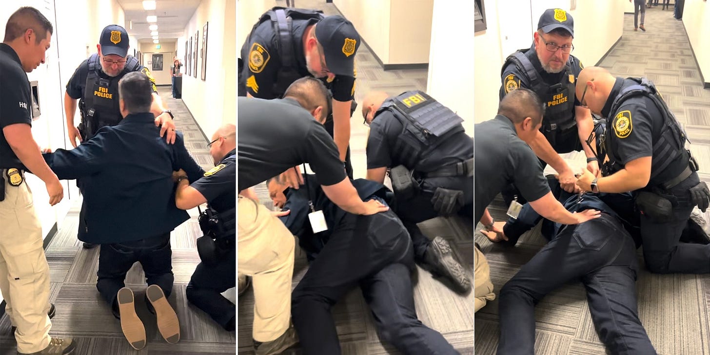Democrats condemn senator being pushed down and handcuffed at Noem press conference - ABC News Democrats condemn senator being pushed down and handcuffed at Noem press conference - ABC News