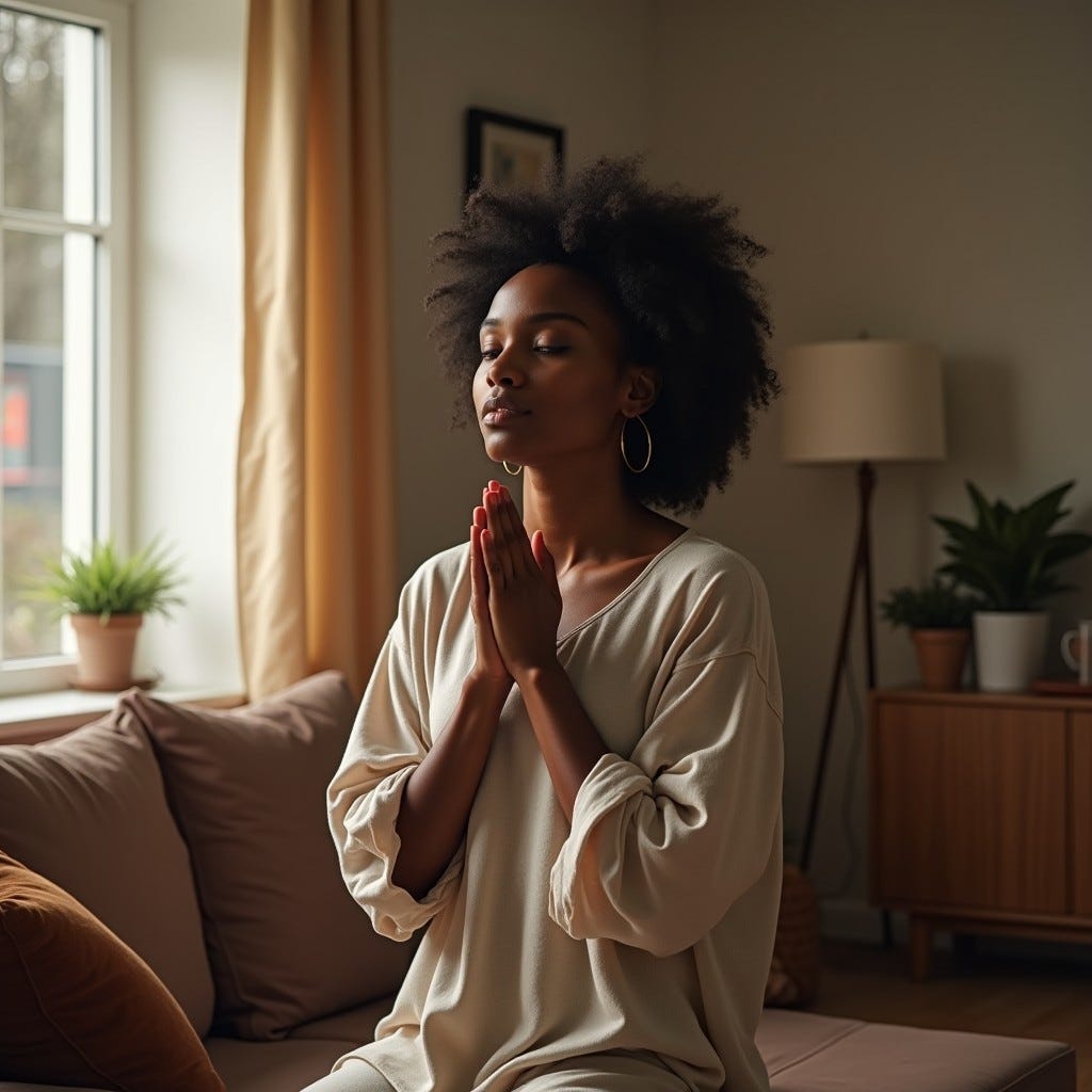 Provide me a realistic image of an African American woman in relaxed clothing praying in the middle of her living room