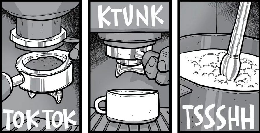 Three panels 1. Close up on grounds in an espresso portafilter about to be attached to a machine with the sound effect "tok tok" 2. Portafilter locking in above an espresso cup "ktunk" 3. Milk being foamed in a metal cup, the steamer tube pointing unto bubbles "tssshh"