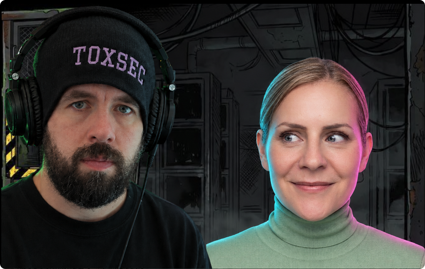 Cyberpunk-style cover for Product with Attitude and ToxSec’s collaboration on agentic fleet engineering and AI agent governance. On the left, a bearded man wears large black headphones, a black sweatshirt, and a black beanie embroidered with “TOXSEC” in lavender lettering. On the right, a smiling woman in a sage-green turtleneck looks toward him. Cyan and magenta lighting outlines her face, swept-back hair, and shoulders, while subtle green lighting accents his silhouette. Dark metal panels, vents, and exposed cables create an industrial science-fiction backdrop.